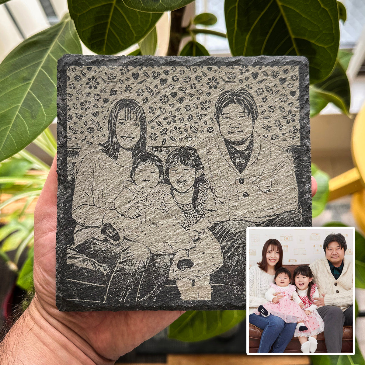 写真から作るオーダーメイド スレートコースター｜イラスト化＆レーザー彫刻